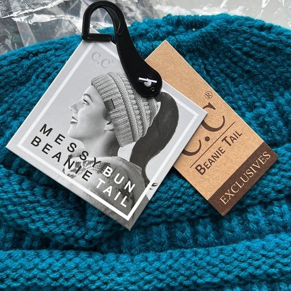 C.C Beanie Tail Cable Knit Messy High Bun Ponytail Hat Teal - Picture 2 of 6